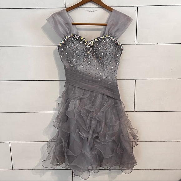 May Queen Dresses & Skirts - May Queen Gray Ruffle Rhinestone Formal Dress. Size 4 EUC
